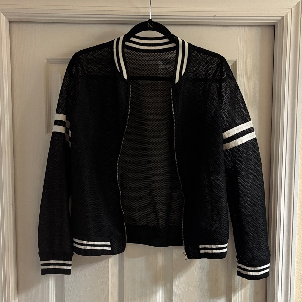 Vintage Black Mesh Varsity Jacket with White Stripe Trim